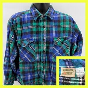 VTG Five Brother Flannel Shirt Mens 2XL Heavyweight Blue Green Plaid 100% Cotton